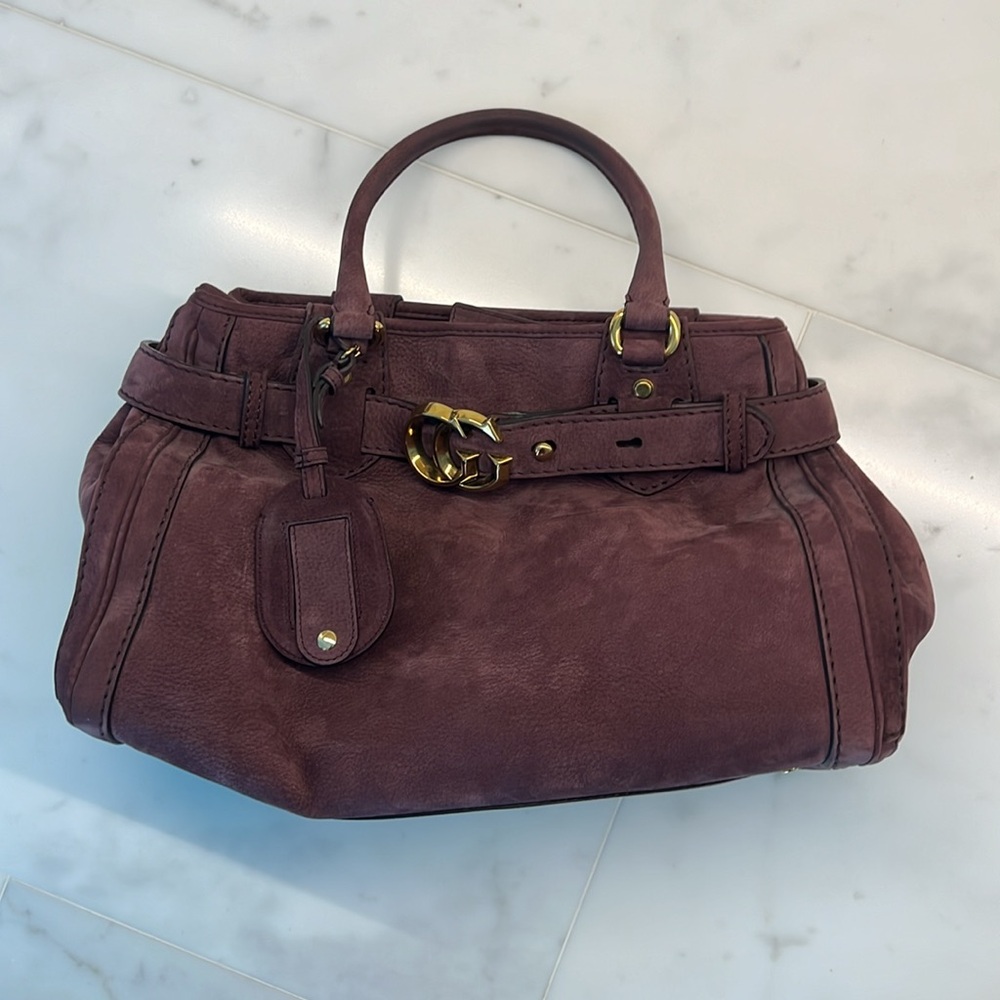 Gucci Plum Suede Handbag With Gold Tone Hardware